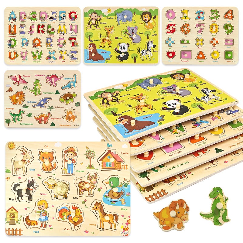 edutree Wooden Peg Puzzle for Toddlers 2-4, 5 Pack Montessori Toys Learning Educational Puzzles for Kids Girls Boys 2 3 4 Yesrs Old with Dinosaurs Farm Animal Number - Image 1