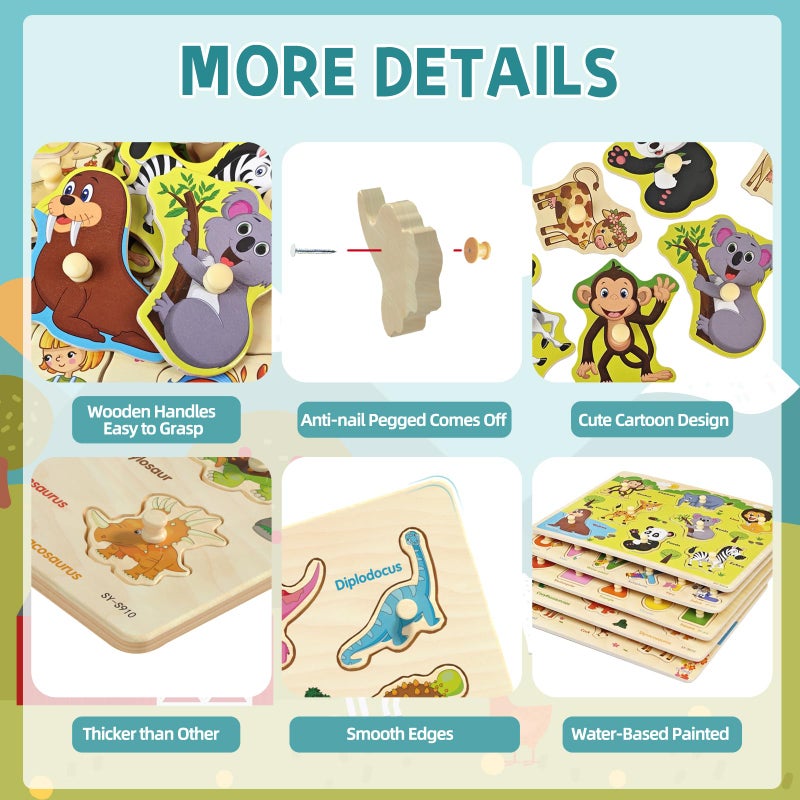 edutree Wooden Peg Puzzle for Toddlers 2-4, 5 Pack Montessori Toys Learning Educational Puzzles for Kids Girls Boys 2 3 4 Yesrs Old with Dinosaurs Farm Animal Number - Image 3