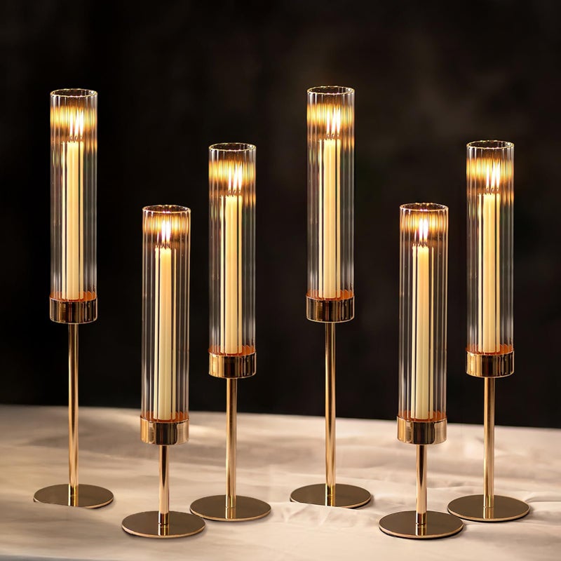 NUPTIO Hurricane Candle Holder for Centerpiece: Set of 6 Tall Candle Stick Holder with Ribbed Glass Cover - Bulk Fluted Taper Candlestick Decor for Living Room Thanksgiving Christmas - Image 1