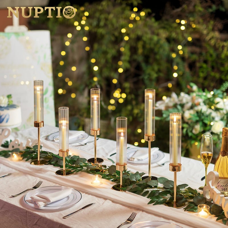 NUPTIO Hurricane Candle Holder for Centerpiece: Set of 6 Tall Candle Stick Holder with Ribbed Glass Cover - Bulk Fluted Taper Candlestick Decor for Living Room Thanksgiving Christmas - Image 3