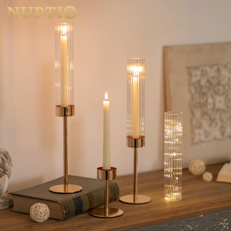 NUPTIO Hurricane Candle Holder for Centerpiece: Set of 6 Tall Candle Stick Holder with Ribbed Glass Cover - Bulk Fluted Taper Candlestick Decor for Living Room Thanksgiving Christmas - Image 2