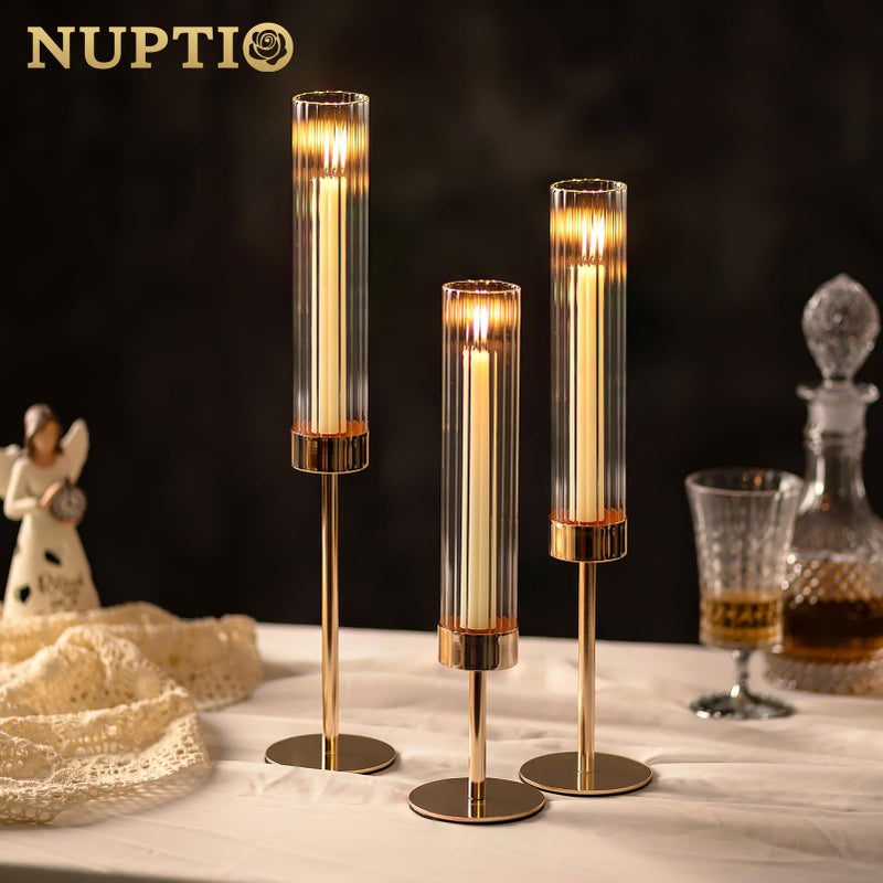 NUPTIO Hurricane Candle Holder for Centerpiece: Set of 6 Tall Candle Stick Holder with Ribbed Glass Cover - Bulk Fluted Taper Candlestick Decor for Living Room Thanksgiving Christmas - Image 5