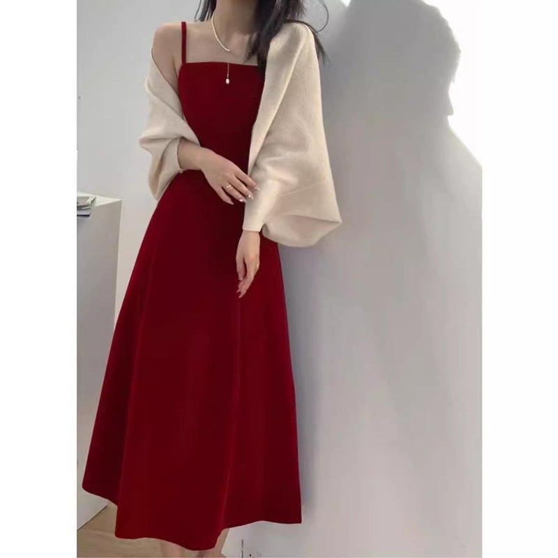 Autumn and winter new soft and elegant slimming red annual meeting birthday engagement wedding dress waist strap dress - Image 1