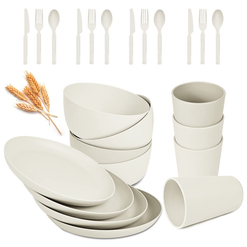 afcevnlb Wheat Straw Dinnerware Sets  24 pcs Lightweight Bowls Unbreakable Dish Set Dishwasher Microwave Safe Wheat Straw Cups Cutlery Plates and Bowls Set for 4 Suitable for Camping Party GrillWhite