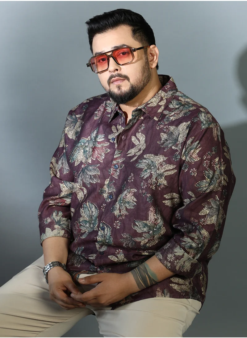 Instafab Plus Instafab Plus Men's Plum Purple Withering-Bloom Shirt For Casual Wear | Spread Collar | Long Cuffed Sleeves | Button Closure | Plus Size Shirt Crafted With Comfort Fit For Everyday Wear