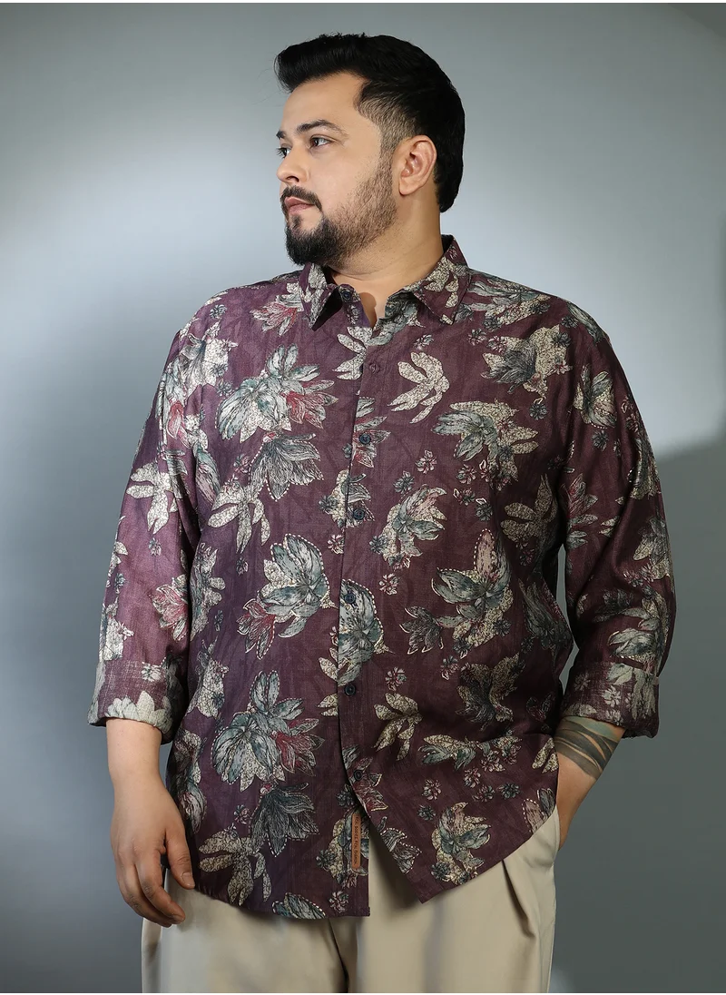 Instafab Plus Instafab Plus Men's Plum Purple Withering-Bloom Shirt For Casual Wear | Spread Collar | Long Cuffed Sleeves | Button Closure | Plus Size Shirt Crafted With Comfort Fit For Everyday Wear