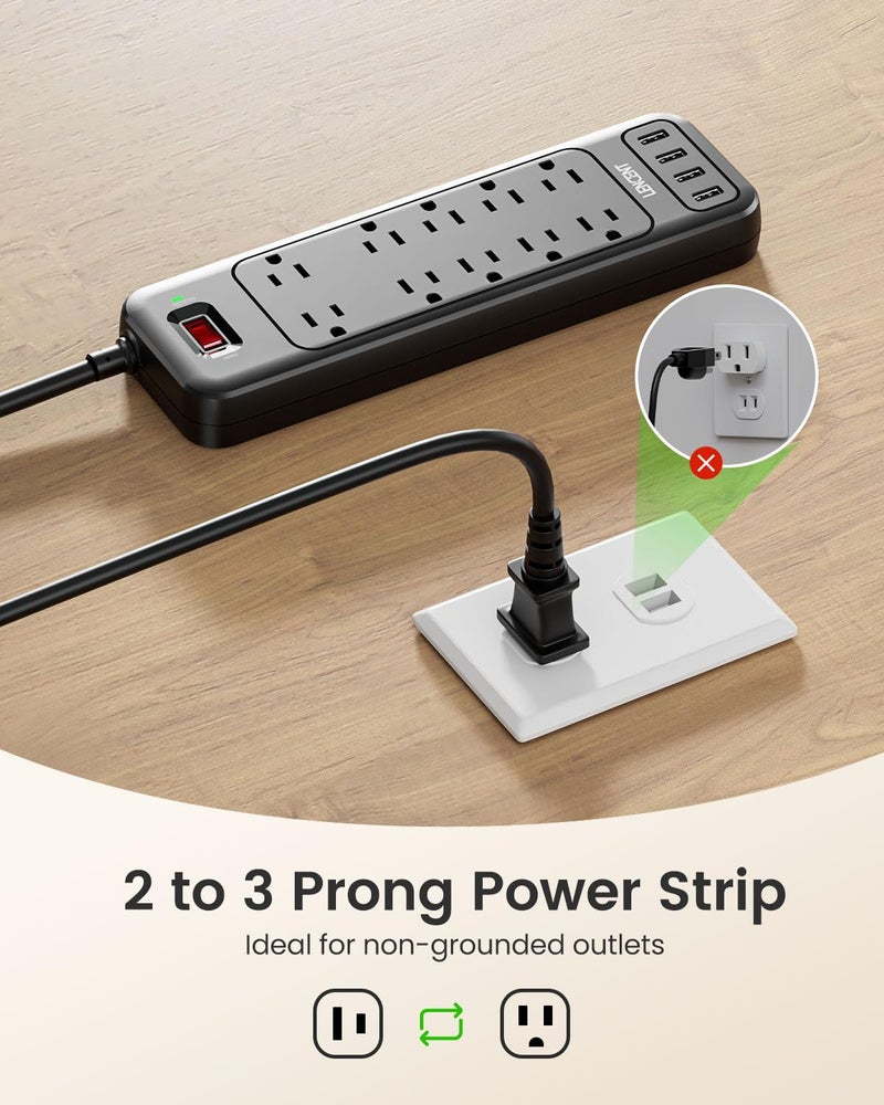 LENCENT 2 Prong Surge Protector Power Strip with USB Ports,Polarized 2 Prong to 3 Prong Outlet Adapter,1700J Surge Protector, 6ft Extension Cord,10 AC Outlets & 4 USB,Non-Grounded Wall Plug Extender - Image 2