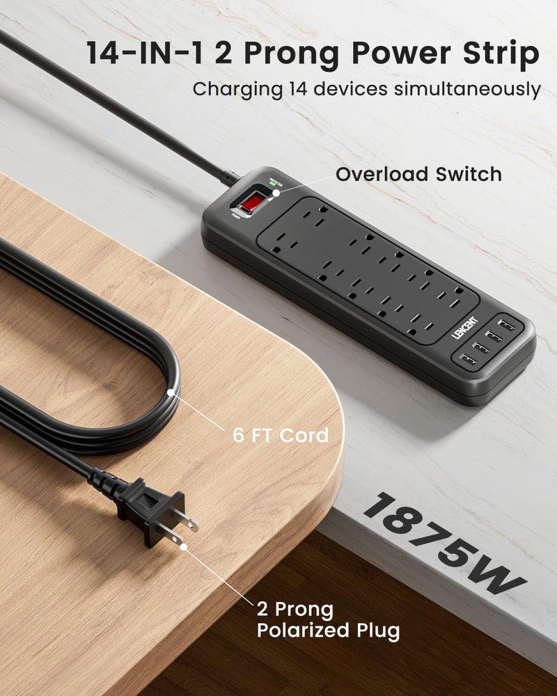 LENCENT 2 Prong Surge Protector Power Strip with USB Ports,Polarized 2 Prong to 3 Prong Outlet Adapter,1700J Surge Protector, 6ft Extension Cord,10 AC Outlets & 4 USB,Non-Grounded Wall Plug Extender - Image 3