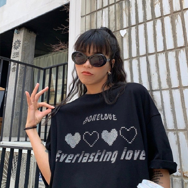 Short-Sleeved T-Shirt Women'S Summer Korean-Style New Love Drilling Loose Cauchy Student Top Ins Trendy - Image 1