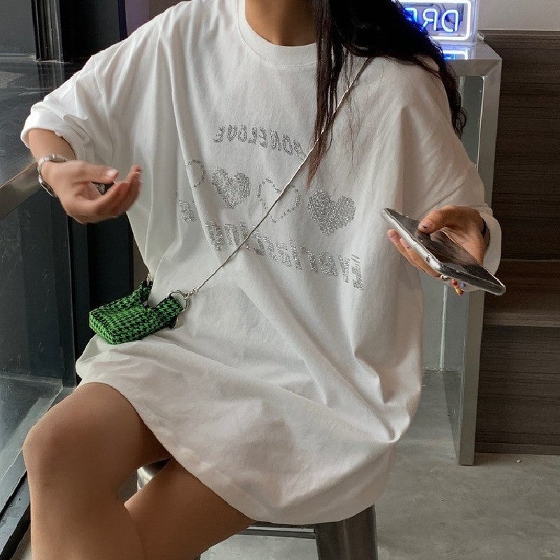 Short-Sleeved T-Shirt Women'S Summer Korean-Style New Love Drilling Loose Cauchy Student Top Ins Trendy - Image 2