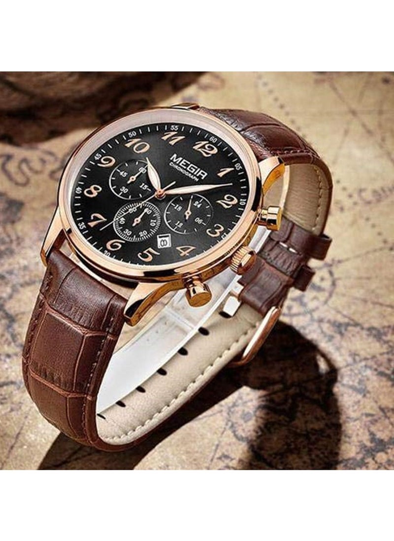 MEGIR - MEGIR Men's Business Analog Chronograph Quartz Watch Stylish Leather Strap Alloy Case - Image 1