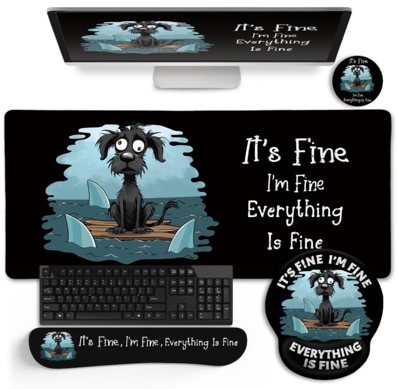 LIMKRIAN Funny Dog Mouse Pad Set Large Desk Mat for Desktop, Ergonomic Mouse Pad with Wrist Rest for Desk Gaming Mousepad Wrist Support Keyboard Mat Cup Coaster Set Office Desk Accessories It's Fine - Image 1