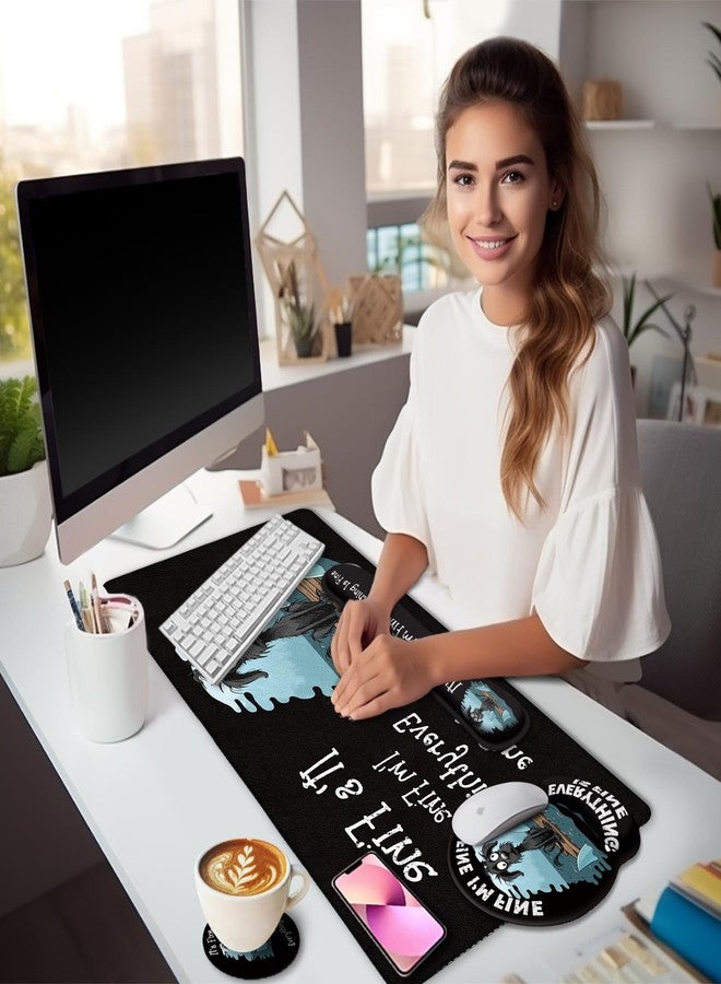 LIMKRIAN Funny Dog Mouse Pad Set Large Desk Mat for Desktop, Ergonomic Mouse Pad with Wrist Rest for Desk Gaming Mousepad Wrist Support Keyboard Mat Cup Coaster Set Office Desk Accessories It's Fine - Image 2