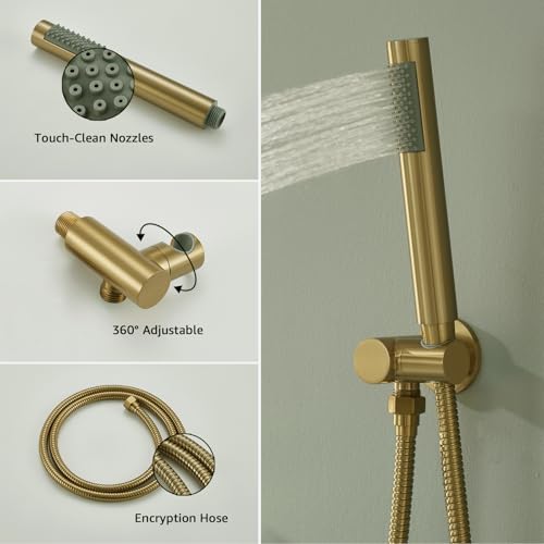 Iriber Brushed Gold Shower System Wall Mounted Shower Faucet Mixer Set with 12 Inches Rain Shower head and Handheld, Bathroom Modern Rainfall Shower Trim Kit (Contain Valve Cartridge) - Image 5