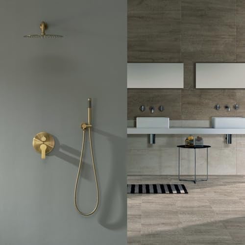 Iriber Brushed Gold Shower System Wall Mounted Shower Faucet Mixer Set with 12 Inches Rain Shower head and Handheld, Bathroom Modern Rainfall Shower Trim Kit (Contain Valve Cartridge) - Image 2