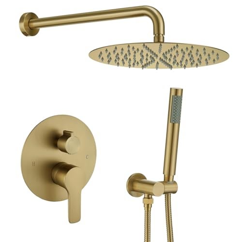 Iriber Brushed Gold Shower System Wall Mounted Shower Faucet Mixer Set with 12 Inches Rain Shower head and Handheld, Bathroom Modern Rainfall Shower Trim Kit (Contain Valve Cartridge) - Image 1