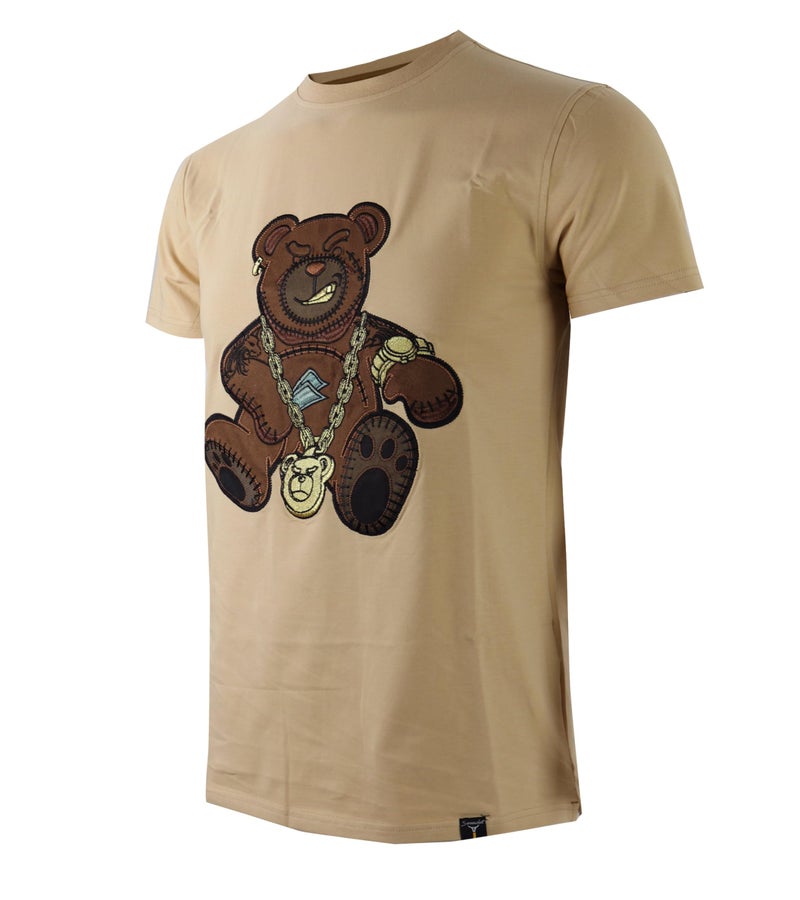 SCREENSHOTBRAND-S11910 Mens Hip-Hop Ultra Premium Tee Goldchain Teddy Bear Cartoon Print T-Shirt-Khaki-Small - Image 1