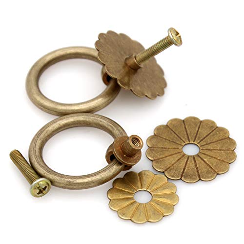LXZ 6 PCs Vintage Antique Brass Ring Pulls - Pure Solid Brass Cabinet Knobs Pulls Handles - Ring Size 1.4-in (3.5 cm) - Image 4