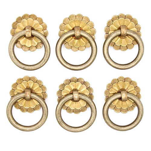 LXZ 6 PCs Vintage Antique Brass Ring Pulls - Pure Solid Brass Cabinet Knobs Pulls Handles - Ring Size 1.4-in (3.5 cm) - Image 1