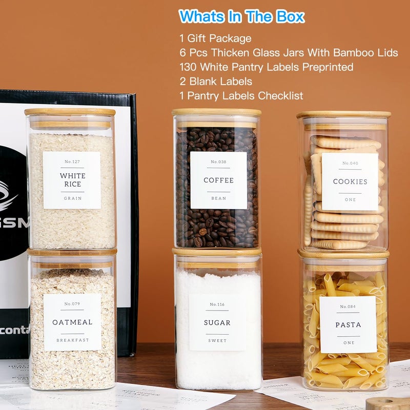 CZZGSM 6 Pack Square Kitchen Storage Jars with Airtight Bamboo Lids and 132 Pantry Labels - 35oz Glass Canisters With Wood Lids - Food Storage Containers for Coffee, Cookie, Tea, Spice - Image 2