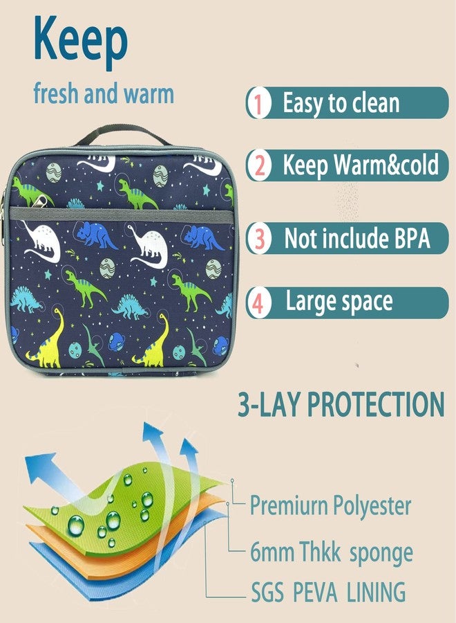 Kulle Dinosaur Lunch Box for Kids, Insulated Lunch Bag for Boys, Large Capacity Thermal Tote for School, Office, Daycare - Dinosaur Planet Design, Washable & Leakproof - Image 5