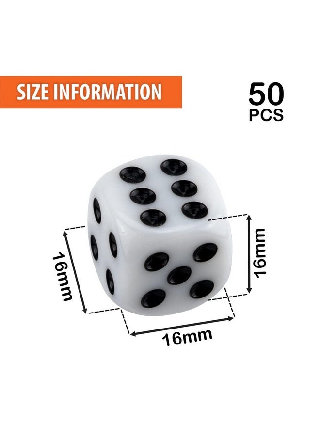 IFAMIO 50 Pack 16MM White Dice Set Acrylic Rounded Six Sided D6 Dice Cubes with Black Pips Dots for Board Games, Parties, Fun, DIY  - Image 2