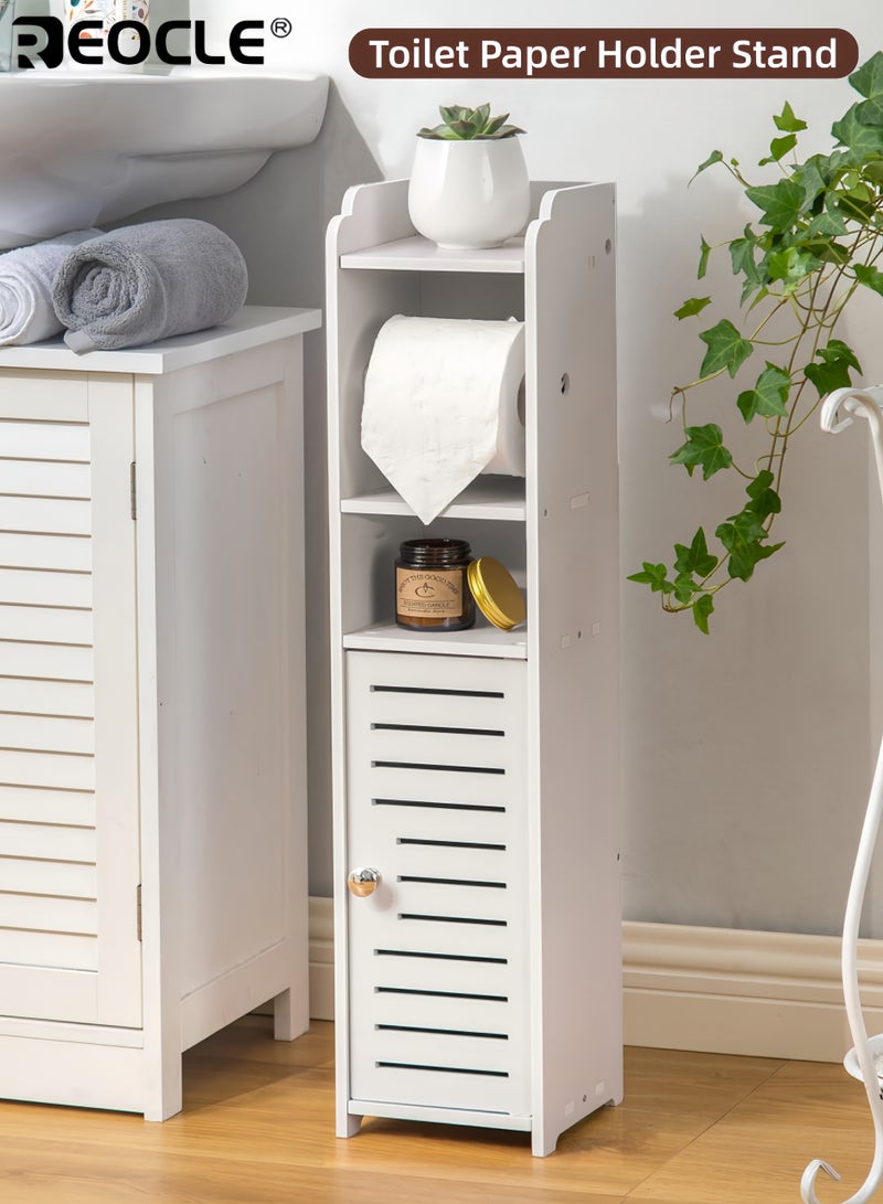 REOCLE Toilet Paper Holder Stand with Storage Cabinet Design and Space Saving Feature Bathroom Organizer with Toilet Roll Holder for Small Space Use - Image 1