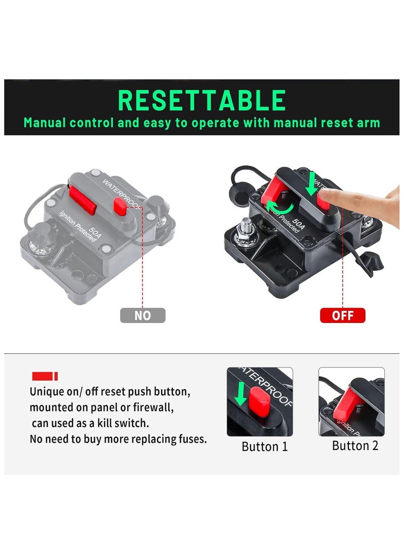 SYOSI 50 Amp Circuit Breaker DC 12V-48V/50A Circuit Breaker Waterproof Inline Fuse Inverter with Manual Reset Switcher for Boat Trolling Motor/Marine ATV/Vehicles Stereo Audio/Battery/Solar System  - Image 3
