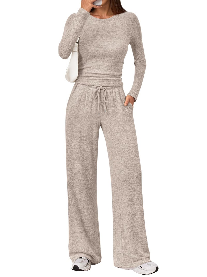 LILLUSORY Womens 2 Piece Matching Lounge Sets 2025 Fall Fashion Knit Sweater Airport Travel Vacation Outfits Gym Sweatsuits Khaki XL - Image 1