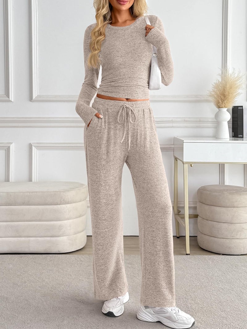LILLUSORY Womens 2 Piece Matching Lounge Sets 2025 Fall Fashion Knit Sweater Airport Travel Vacation Outfits Gym Sweatsuits Khaki XL - Image 2