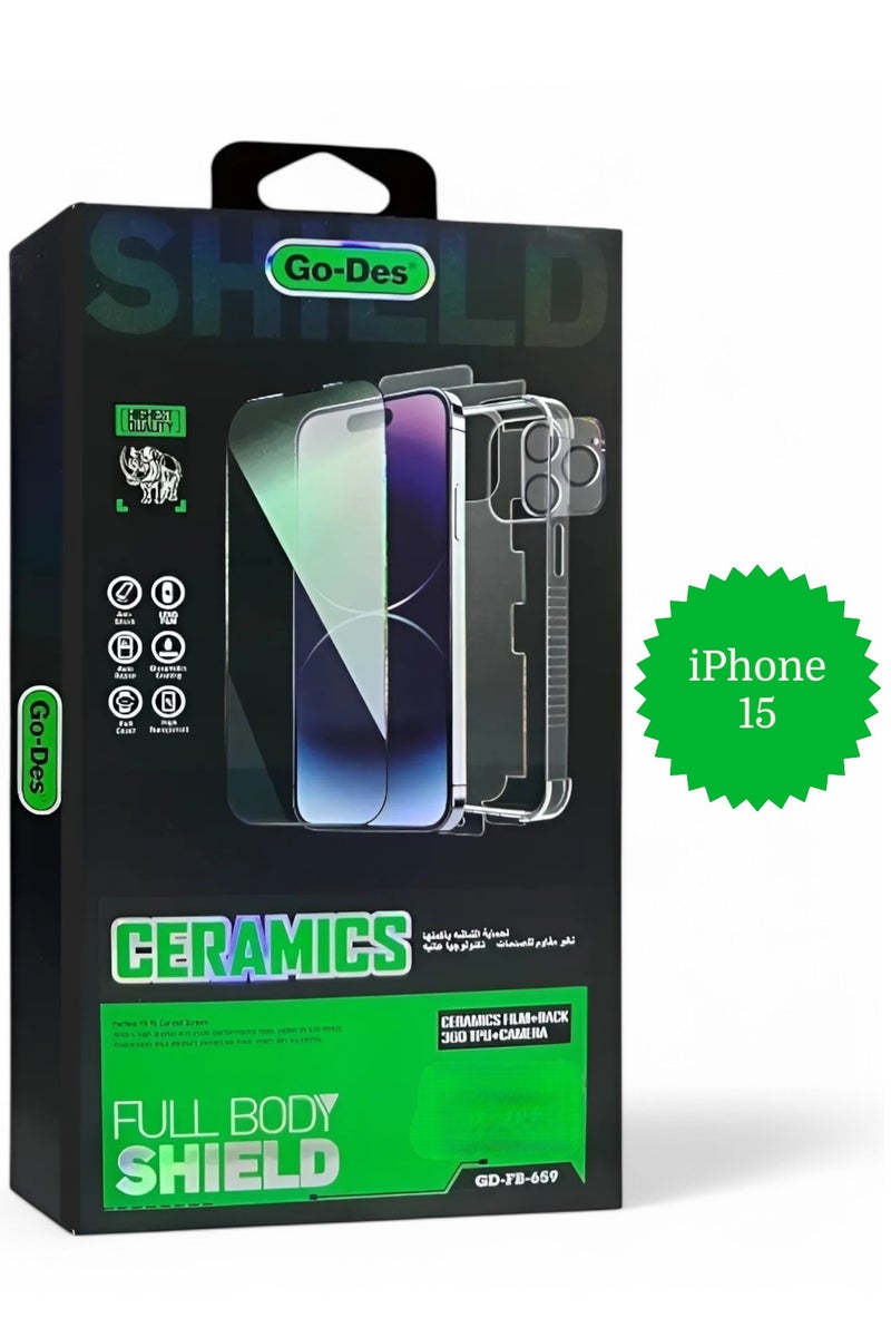 GO-DES Full protection package for iPhone 15, Protective case made of high-quality materials, high-definition screen protection, camera lens protector, phone back protector, maximum protection against scratches and breakage.