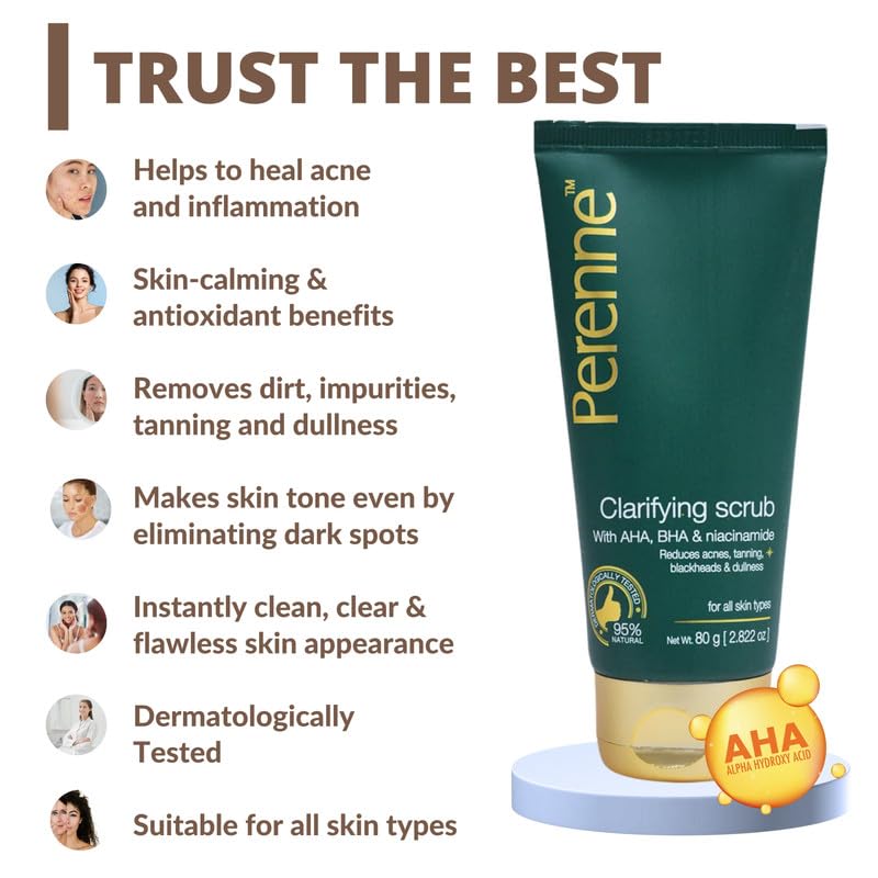 Perenne Clarifying Clay Scrub with AHA, BHA and Niacinamide for Oily Acne Prone Skin (80 gm) - Antioxidants Rich Detoxify, Purify Skin Pore Minimiser, Reduces Acne, Scars for Men and Women - Image 3