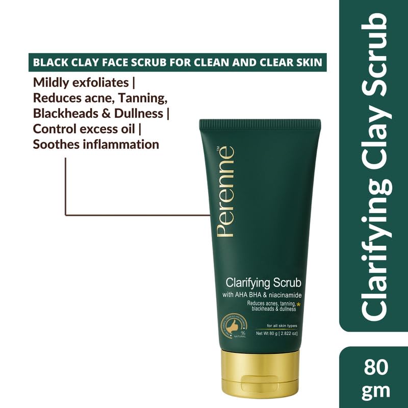 Perenne Clarifying Clay Scrub with AHA, BHA and Niacinamide for Oily Acne Prone Skin (80 gm) - Antioxidants Rich Detoxify, Purify Skin Pore Minimiser, Reduces Acne, Scars for Men and Women - Image 2