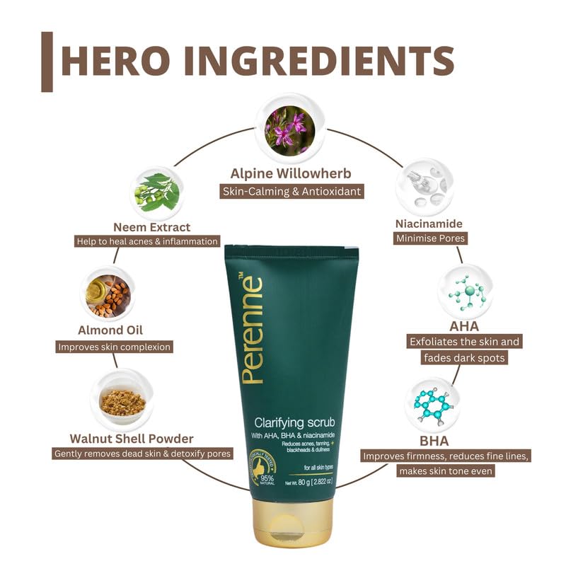 Perenne Clarifying Clay Scrub with AHA, BHA and Niacinamide for Oily Acne Prone Skin (80 gm) - Antioxidants Rich Detoxify, Purify Skin Pore Minimiser, Reduces Acne, Scars for Men and Women - Image 4