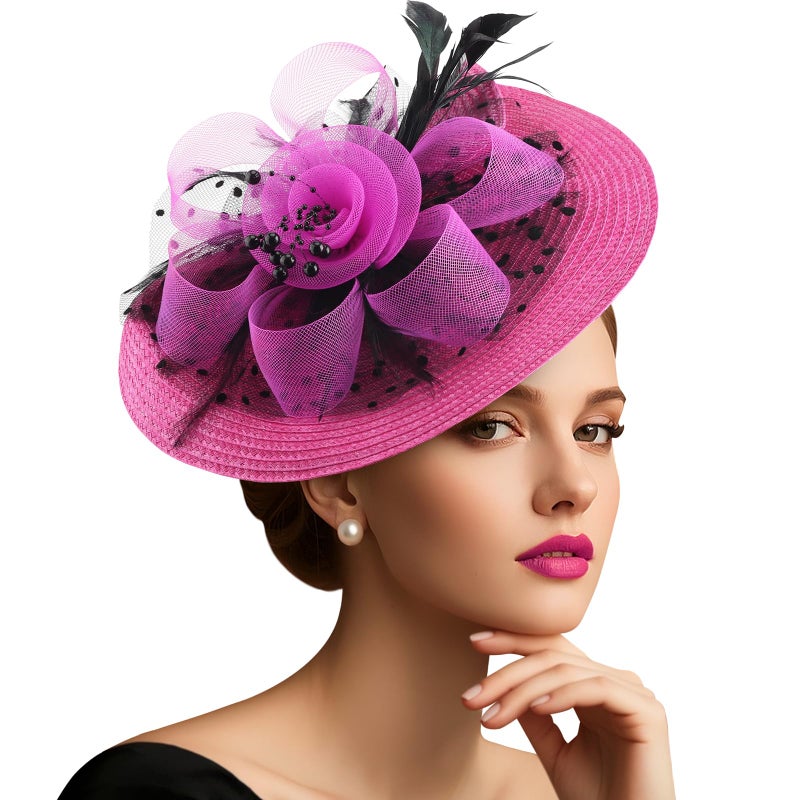 DRESHOW Fascinators Hat Flower Mesh Feathers Hat with a Headband and a Clip 7.9" Tea Party Headwear for Women - Image 1