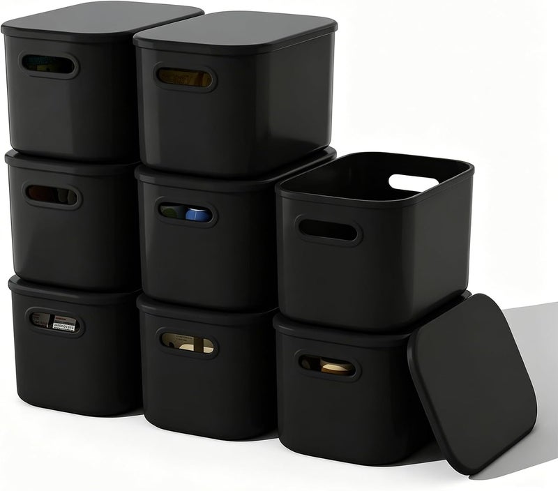 ORGIDOL 8 Pack Black Storage Bins with Lids Stackable Storage Container for Organizing, Storage Boxes with Handle for Shelves, Cube Storage Bin for Craft, Snacks - Image 1