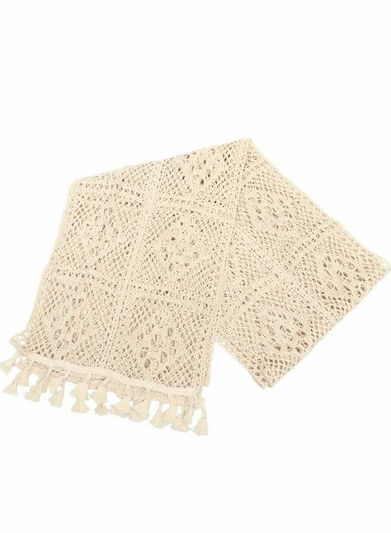 Zikra European Style Natural Table Runner, Hollow Polyester-Cotton Crochet Retro Lace Wedding Table Runner with Tassels for Bohemian Rustic Wedding Bridal Shower Home Dining Table Decor (260x24cm) - Image 1