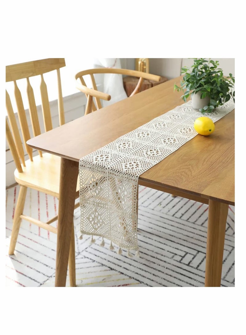 Zikra European Style Natural Table Runner, Hollow Polyester-Cotton Crochet Retro Lace Wedding Table Runner with Tassels for Bohemian Rustic Wedding Bridal Shower Home Dining Table Decor (260x24cm) - Image 5