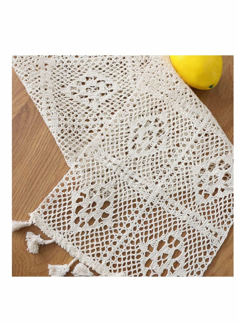 Zikra European Style Natural Table Runner, Hollow Polyester-Cotton Crochet Retro Lace Wedding Table Runner with Tassels for Bohemian Rustic Wedding Bridal Shower Home Dining Table Decor (260x24cm) - Image 4