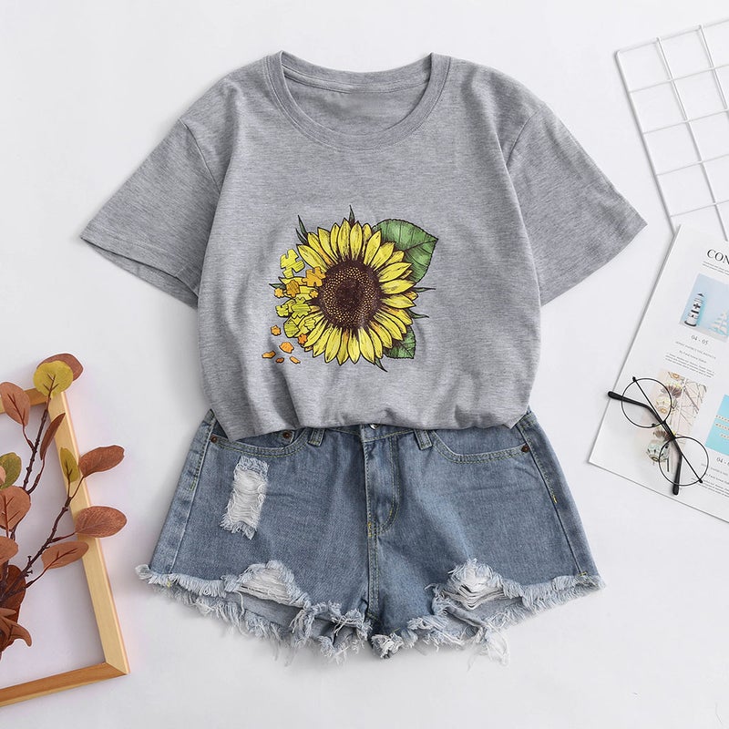 2019 Internet Popular Same Style Sunflower Printed Pattern Women's Short Sleeve T-shirt Round Neck Pullover Casual All-match T-shirt - Image 4