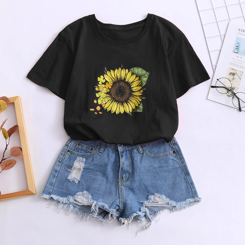 2019 Internet Popular Same Style Sunflower Printed Pattern Women's Short Sleeve T-shirt Round Neck Pullover Casual All-match T-shirt - Image 5