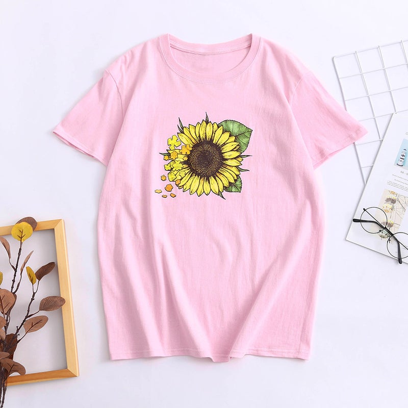 2019 Internet Popular Same Style Sunflower Printed Pattern Women's Short Sleeve T-shirt Round Neck Pullover Casual All-match T-shirt - Image 1