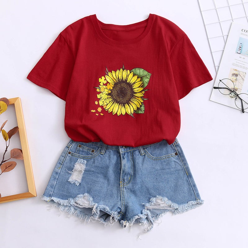 2019 Internet Popular Same Style Sunflower Printed Pattern Women's Short Sleeve T-shirt Round Neck Pullover Casual All-match T-shirt - Image 3