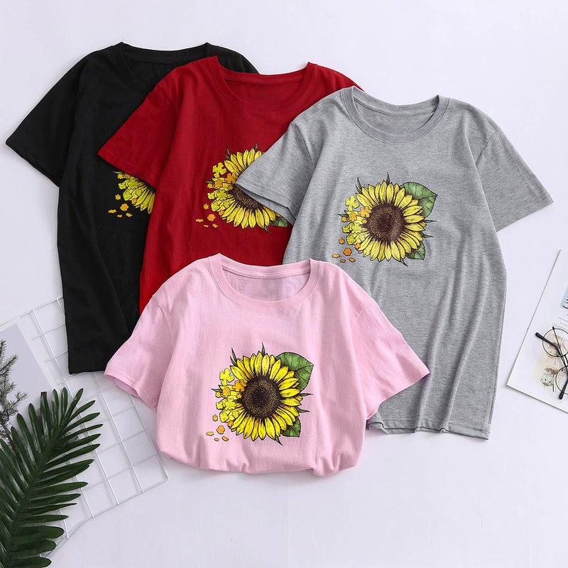 2019 Internet Popular Same Style Sunflower Printed Pattern Women's Short Sleeve T-shirt Round Neck Pullover Casual All-match T-shirt - Image 2