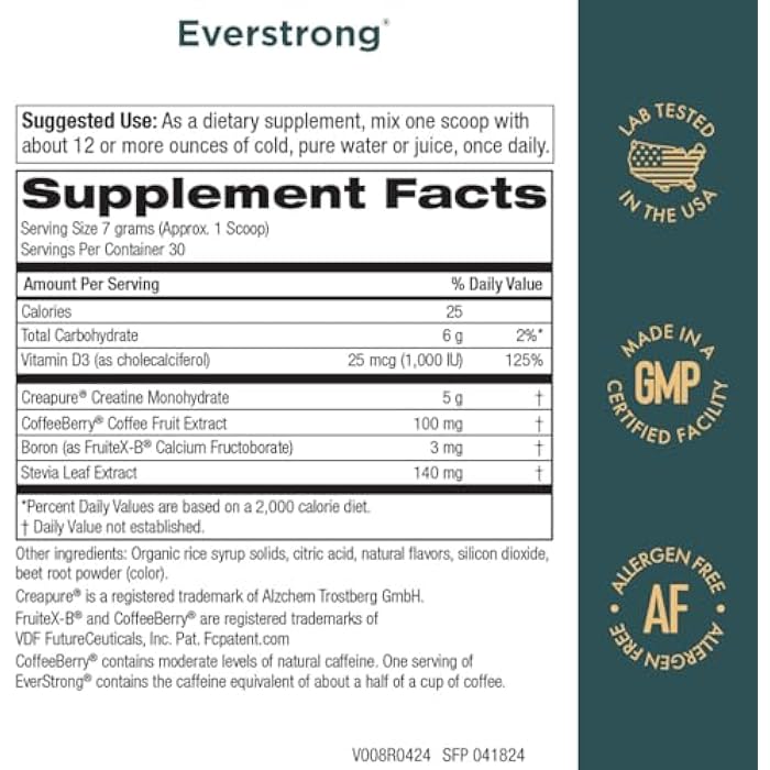 Purity Products EverStrong Powder from Muscle Matrix Blend - Creapure Creatine - Boron (FruiteX-B PhytoBoron) - CoffeeBerry Extract - Boosted with 1000 IU Vitamin D - Berry Burst (210 g) - Image 2