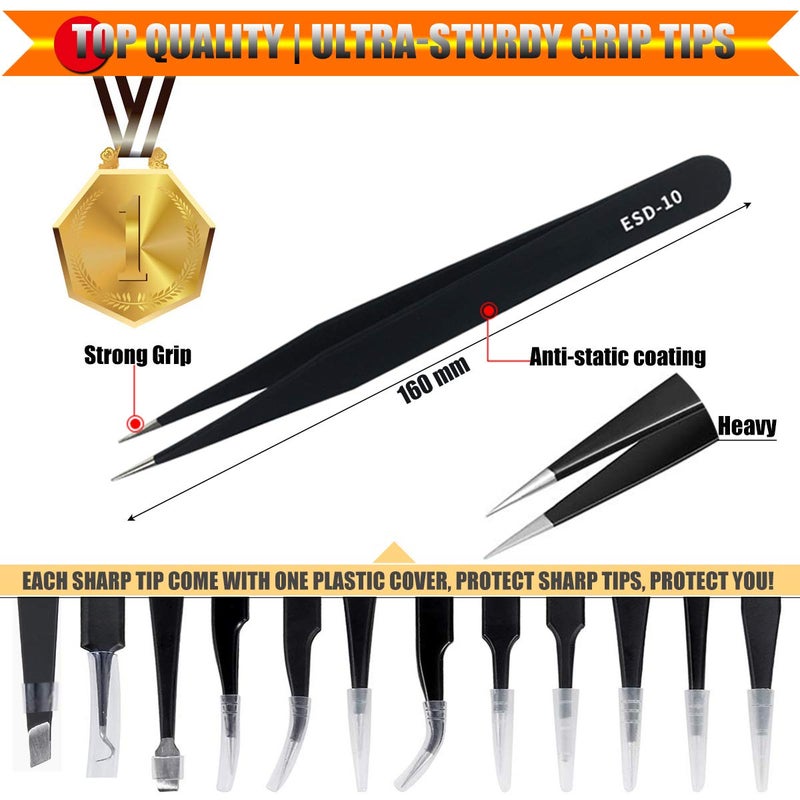 Antonki 12 Pack Precision Tweezers Set for Craft, Soldering, Jewelry, Facial Hair, Eyebrow, Ingrown Hair Removal, Eyelash Extension- with Case - Image 3