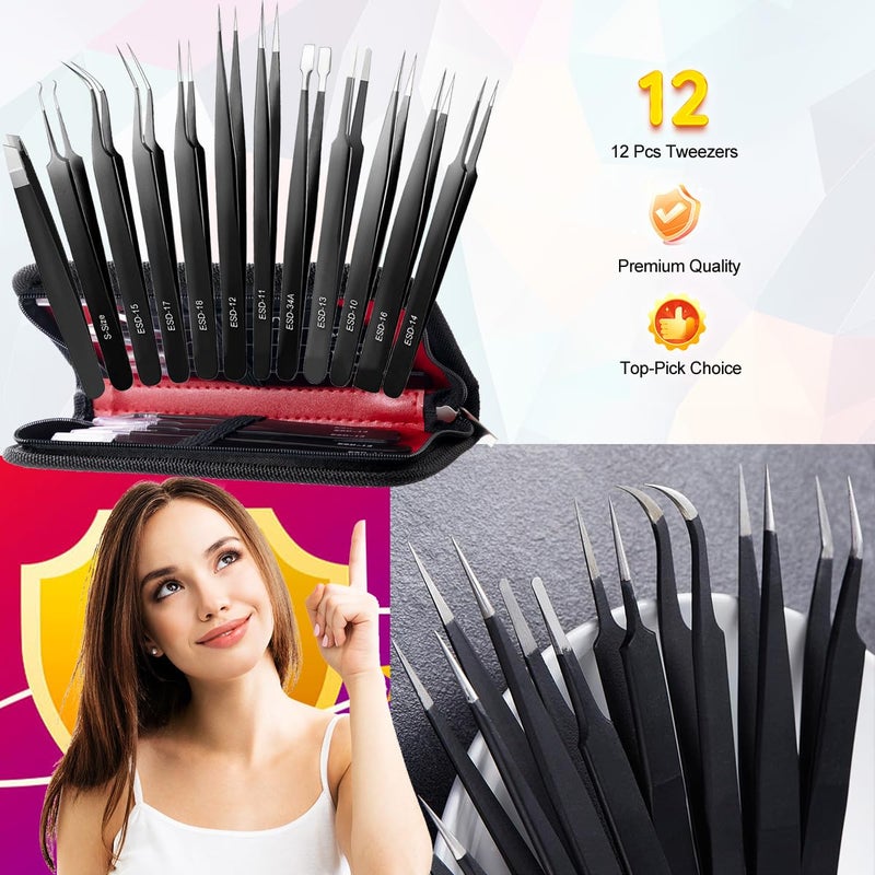 Antonki 12 Pack Precision Tweezers Set for Craft, Soldering, Jewelry, Facial Hair, Eyebrow, Ingrown Hair Removal, Eyelash Extension- with Case - Image 2