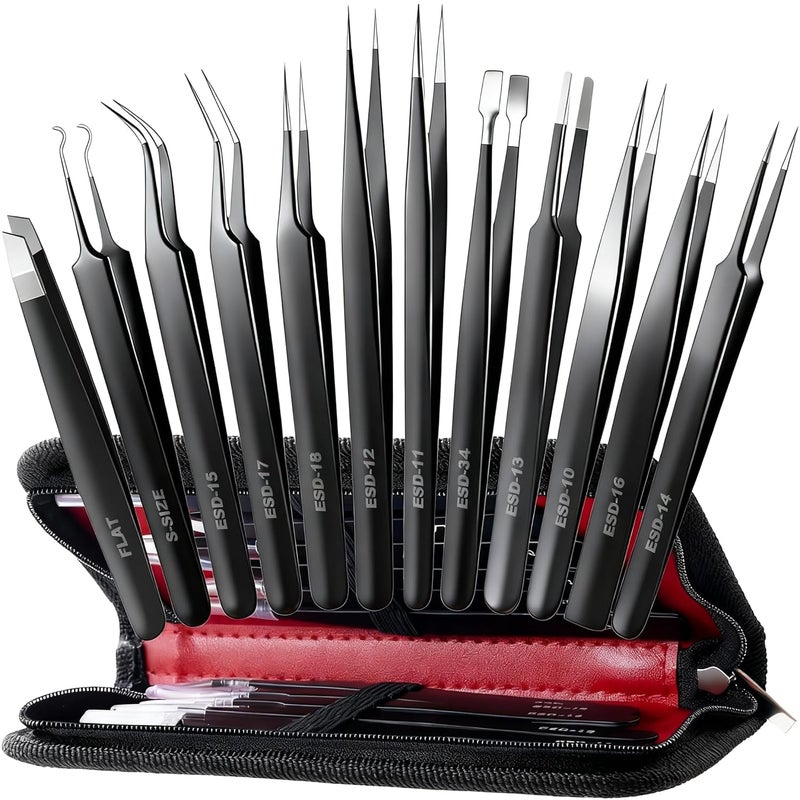Antonki 12 Pack Precision Tweezers Set for Craft, Soldering, Jewelry, Facial Hair, Eyebrow, Ingrown Hair Removal, Eyelash Extension- with Case - Image 1