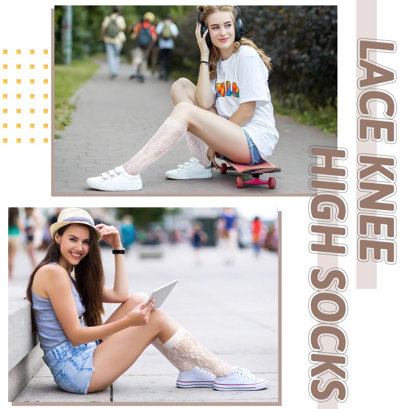 BOARDFEB 6 Pairs Women's Lace Fishnet Knee High Mesh Lace Loose High Sheer Slouch Socks, Medium - Image 4