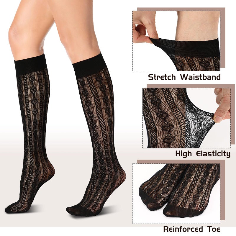 BOARDFEB 6 Pairs Women's Lace Fishnet Knee High Mesh Lace Loose High Sheer Slouch Socks, Medium - Image 3